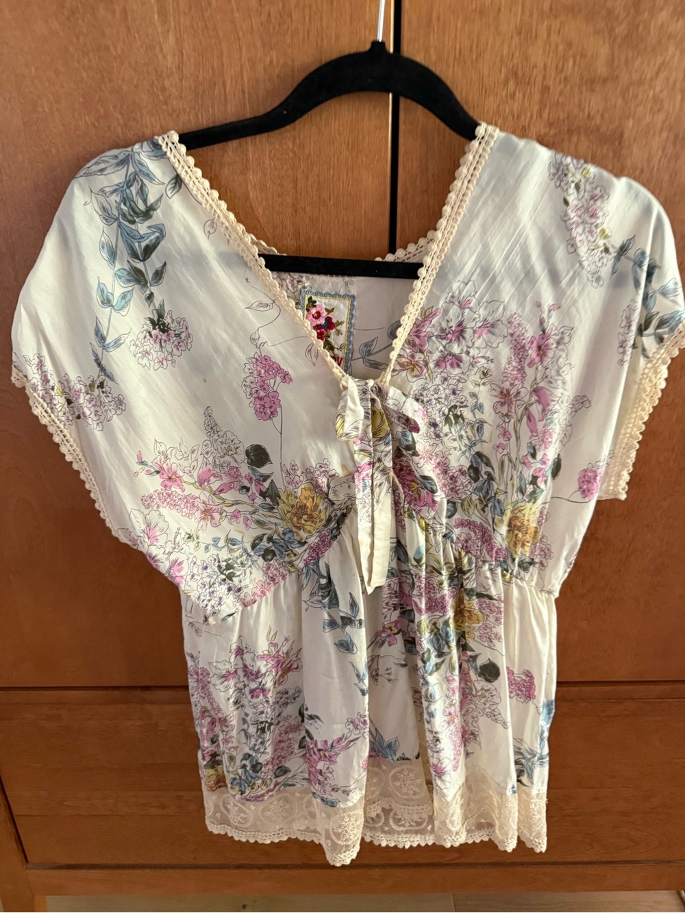 Johnny Was Cream Floral Tie-Front Blouse with Lace Trim